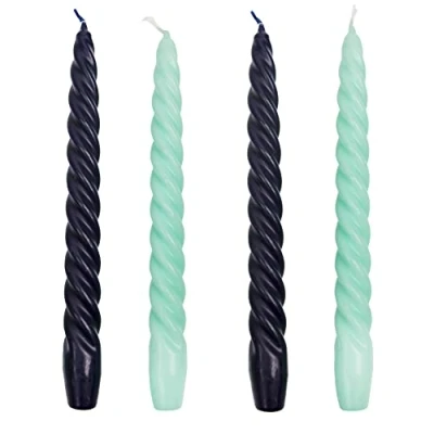 Afbeelding van Italiaanse spiraal gedraaide taps toelopende diner kaarsen ongeparfumeerd marineblauw en mintgroen gemaakt door Talking Tables 4pack