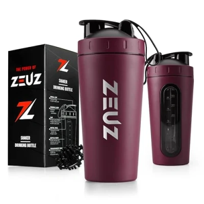 Afbeelding van ZEUZ Premium RVS Shakebeker Eiwit &amp; Proteïne Shaker Shake Beker BPA Vrij 700 ml Bordeaux Rood