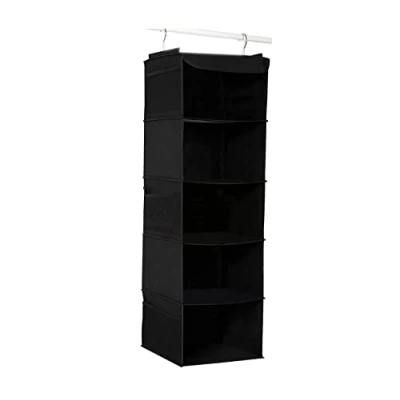 Afbeelding van BrilliantJo Hangende garderobekast Opslag met 5 planken Organizer, opbergplanken Unit 6 zakken voor kleding Zwart (30 x 30 108 cm)