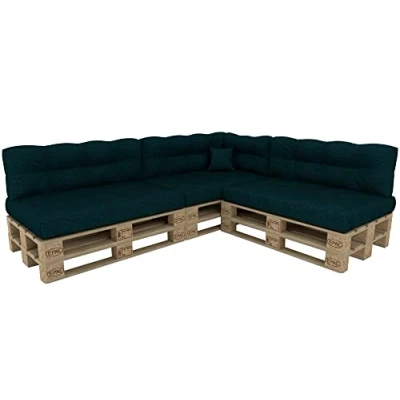 Afbeelding van POKAR Palletkussen Kussenset voor Europallets 8er: 3x Kussenzitting 120x80cm + Kussen rug 120x40cm 1x Zijkussen 60x40cm +1x Sierkussen 40x40cm, Bank, zonder Pallets, Donkergroen