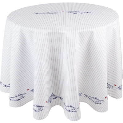 Afbeelding van Clayre &amp; Eef Tafelkleed Ø 170 cm Wit Blauw Katoen Rond Vissen Tafellaken