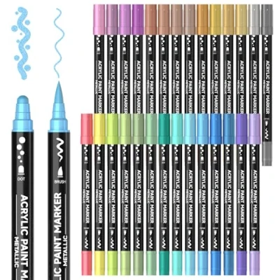 Afbeelding van Shuttle Art Metallic acrylverf met dubbele punt, 28 kleuren, stippen en kwasten, markeerstiften, verfpennen voor rotsschilderen, keramiek, hout, stof, kunstmarkeerstiftenset kinderen