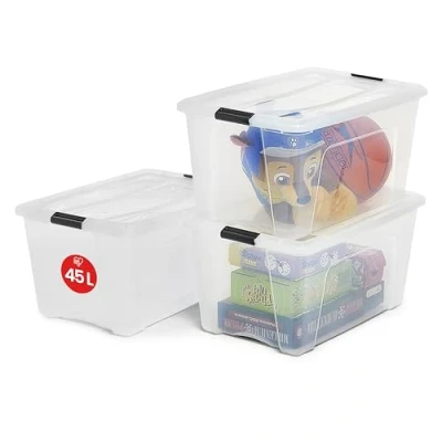 Afbeelding van Iris Ohyama, NTB 45 Opbergdoos van kunststof met deksel, l, 3 stuks, transparant, sluitclips, handgreep, stapelbaar, voor slaapkamer, kleedkamer, kantoor, BPA vrij, opbergdoos, container