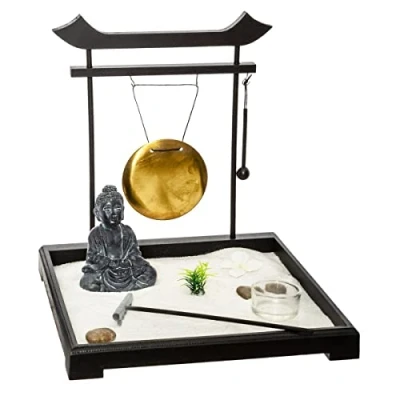 Afbeelding van Boeddhagarten ZEN set op houten platform met twee gongslagen, windlichten, zand en andere accessoires