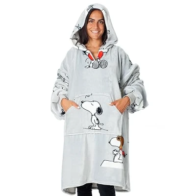 Afbeelding van Kanguru Kangurone Snoopy Hoodie Fleece Deken sweatshirt met, Oversized Draagbare met bonteffect, Grijs, voor Volwassenen Mannen Vrouwen maat 95x95cm