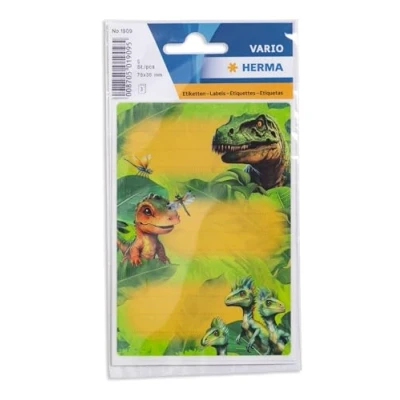 Afbeelding van HERMA 1909 Beuketiketten om te beschrijven, Dino World, 9 stuks, 76 x 35 mm, zelfklevend, gelinieerd, boekenstickers voor school, kinderen, meisjes en jongens, veelkleurige etiketten, kleurrijk