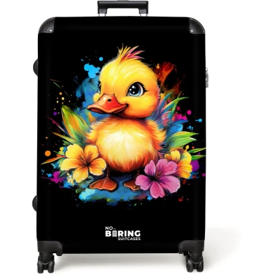 Afbeelding van NoBoringSuitcases.com® Koffer groot Reiskoffer lichtgewicht Eend met tropische bloemen Rolkoffer 4 wielen Grote trolley XL 98 liter bagage