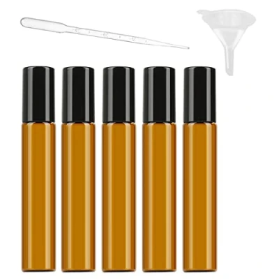 Afbeelding van 5 stuks 10 ml etherische oliën rolflessen navulbare bruine amberkleurige glazen flessen met roestvrijstalen rolballen inbegrepen 1 trechters en plastic pipetten