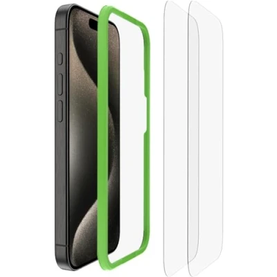 Afbeelding van Belkin ScreenForce TemperedGlass antimicrobiële screenprotector voor iPhone 15 Pro, slank, kristalhelder, krasbestendig, bevestigingsframe eenvoudig luchtbelvrij aanbrengen, 2 pack