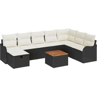 Afbeelding van vidaXL 9 delige Tuinsofa Set met Kussens Zwart Poly Rattan