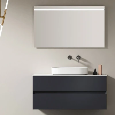 Afbeelding van Emily badkamermeubelset 100 cm, 2 lade, wit topblad &amp; wastafel, LED spiegel mat zwart