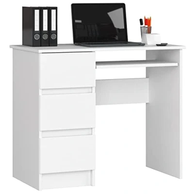 Afbeelding van Schrijftafel, computertafel, werktafel, laptoptafel, kantoormeubel, 3 schuifladen, Links of rechts, studentenbureau, kinderbureau, pc tafel, tienerkamer, kinderkamer, wit