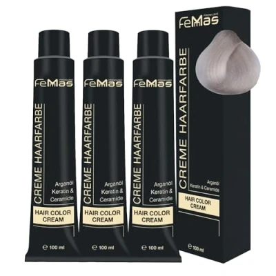 Afbeelding van FemMas Haarverf, superbleekmiddel, 3 x zilver 912, professionele crème haarverf voor het lichter maken van maximaal 5 tinten, duurzame haarkleuring stralende, kleurresultaten, 100 ml