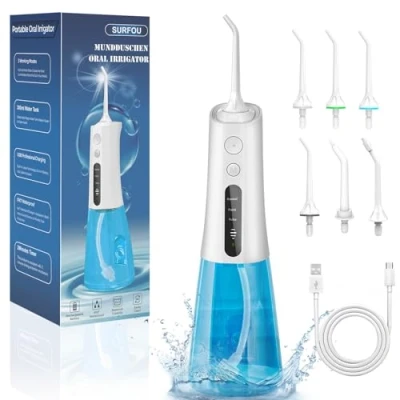 Afbeelding van SURFOU Waterflosser en irrigators 3 modi, 4 waterdruk, 6 opzetstukken, kerstcadeaus, IPX7, waterdicht, USB C oplaadbaar waterreservoir 300 ml, voor reizen gebruik thuis