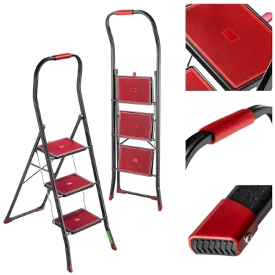 Afbeelding van KADAX Inklapbare stalen ladder, zwart rode trapladder met draagvermogen tot 150 kg, ladder klapbeveiliging, trapleuning antislip treden (3 treden)