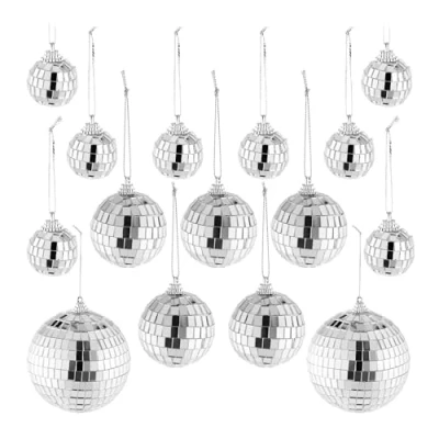 Afbeelding van Relaxdays mini discoballen set van 15 spiegelbol 3 groottes: 3, 5, 10 cm touwtje