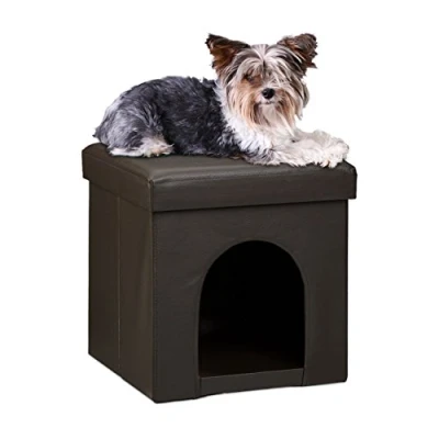 Afbeelding van Relaxdays kattenmand poef, opvouwbaar, kleine honden, katten, kunstleer, HBD 38 x cm, stabiele hocker, bruin