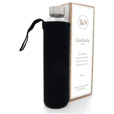 Afbeelding van glazen fles, 750 ml, drinkfles van 0,75 l, met neopreen hoes, lekvrij, dik borosilicaatglas, geschikt voor koolzuur
