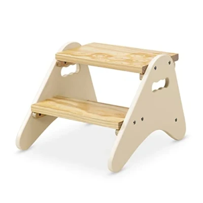 Afbeelding van B. Spaces Peek A Boost Stevige houten kruk met 2 treden meubels crème wit &amp; hout voor badkamer, keuken, kinderkamer, jaar + (BX2031C1Z)