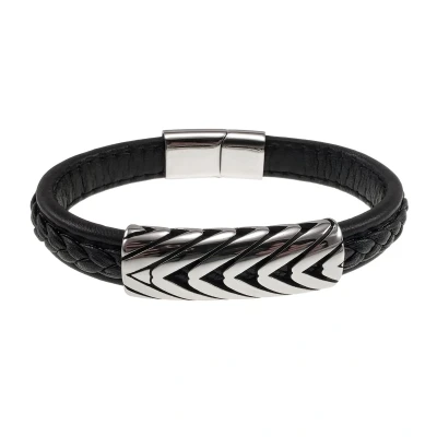 Afbeelding van 20cm Leer Armband Heren Zwarte Leren Brede met Gevlochten Details en Plaat RVS Magneetsluiting
