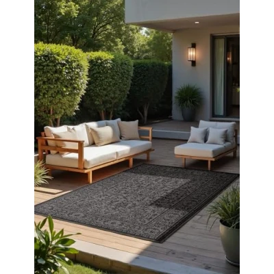 Afbeelding van NORTHRUGS Kona Tapijt voor binnen en buiten, klassiek plat weefsel, omkeerbaar tapijt, Oeko Tex, weerbestendig uv bestendig, balkon, terras, tuin, zwart wit, 160 x 230 cm