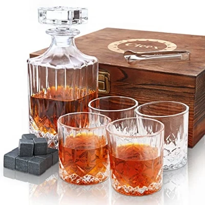 Afbeelding van Whiskey karaf set, whiskyset, 750 ml, whiskykaraf met 4 x 20 ml whiskyglazen, whiskystenen, mooie geschenkdoos, whisky, cadeaus voor vaderdagcadeau mannen