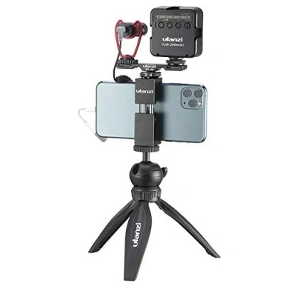 Afbeelding van Ulanzi Smartphone vlog KIT EXTRA mini statief telefoonhouder Dual cold shoe mount microfoon &amp; LED lamp Max hoogte 16cm Zwart