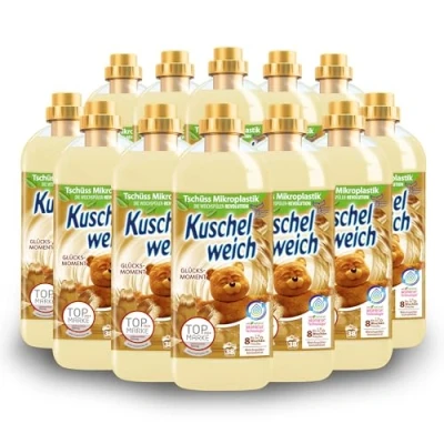 Afbeelding van Kuschelweich wasverzachter geluksmoment, huidvriendelijkheid dermatologisch getest, zonder microplastic, praktische voorraad 12 x 1 liter per 38 wasbeurten