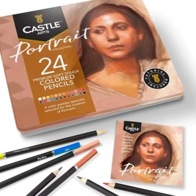 Afbeelding van Castle Arts Themed 24 kleurpotloden set in tinnen doos, perfecte kleuren voor &#039;portretten&#039;. Kenmerken, gladde gekleurde kernen, mengen en gelaagdheid Ideaal tekenen, schetsen