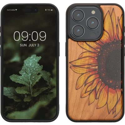 Afbeelding van kwmobile telefoonhoesje geschikt voor iPhone 15 Pro Hoesje met bumper hout In geel / donkerbruin lichtbruin Wood Sunflower design