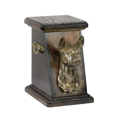 Afbeelding van Art Dog Custom Memorial Urn Handgemaakte Box Koudgegoten bronzen hondenkop op berkenbasis 19cmx32cmx30cm Basenji