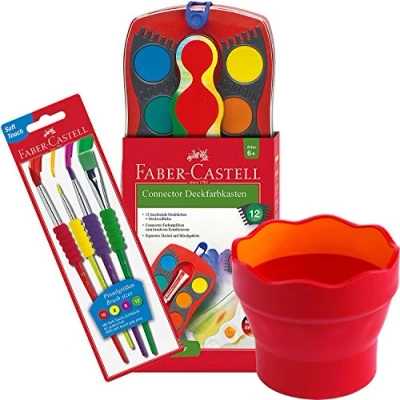 Afbeelding van Faber Castell Kunststof waterbeker Clic &amp; Go, leermaterialen, rood + kwastenset 12 Connector verfdoos incl. Dekwit
