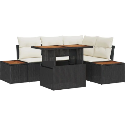 Afbeelding van vidaXL 5 delige tuin eetset met kussens zwart poly rattan acacia