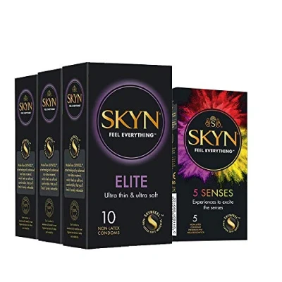 Afbeelding van SKYN Elite condooms (30 Pak) &amp; 5 Senses (5 Skynfeel Latexvrije voor mannen, zeer delicaat, extra dun zacht condoomdoosje, gevoelig, 53 mm breed