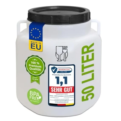 Afbeelding van plasteo® 50 liter brede hals met deksel en handgrepen, rechthoekig, natuurlijk, geschikt voor levensmiddelen BPA vrij, kunststof vat, universeel dekselvat, watervat, regenton, opslagvat