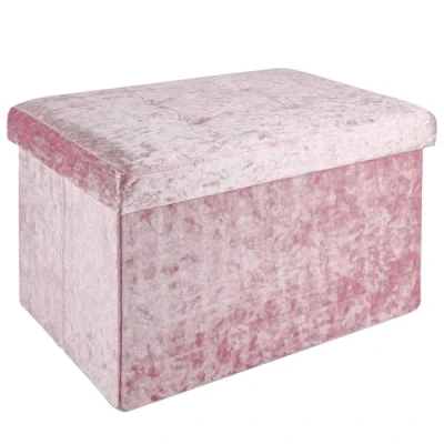 Afbeelding van Intirilife Opvouwbare bank 49x30x30 cm in fluweel rosé zitkubus met opbergruimte en deksel fluwelen hoes voetensteun opbergkist zitkruk