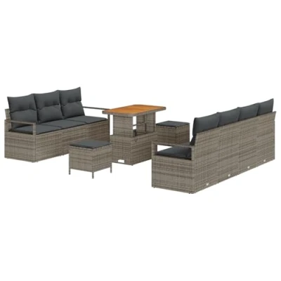 Afbeelding van vidaXL 10 delige ligbedset met kussens in grijs poly rattan en acacia