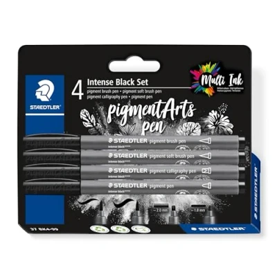 Afbeelding van STAEDTLER pigment Brush Intense Black Set, verschillende borstels, soft brush, kalligrafie en outliner punten, intens zwart, waterbestendig, 4 pennen op blisterkaart, 37 BK4 99