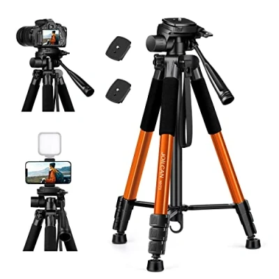 Afbeelding van JOILCAN Camerastatief voor Canon Nikon Sony, 65 inch aluminium statief met afneembare kop en telefoonhouder, lichtgewicht DSLR smartphone/vlog/streaming, max. belasting 5,5 kg oranje
