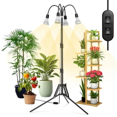 Afbeelding van SANSI 120W LED Plantenlamp met Verstelbaar Statief, Volledig Spectrum Kweeklamp voor Kamerplanten 3 Verwijderbare E27 30W Groeilamp, 360 Zwanenhals, Uitschuifbare Steel van 40cm tot 110cm