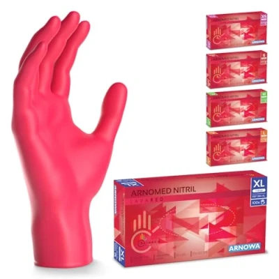 Afbeelding van ARNOMED wegwerphandschoenen rood, nitril handschoenen XL, met 100 stuks per doos, poedervrij. Latexvrije rubber handschoenen, verkrijgbaar in XS,S, M, L &amp; XL