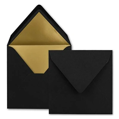 Afbeelding van FarbenFroh by Gustav Neuser 25 x enveloppen voor brieven, vierkant, 15,5 cm, zwart, gevoerd met goudkleurig papier, natte plakrand