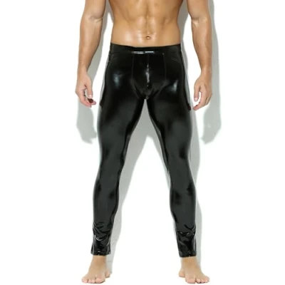 Afbeelding van Bodywear4you Leren leggings voor heren in lak latex look, kunstleer, nauwsluitend broek, meggings, wetlook, lederhose patent pants, zwart, M