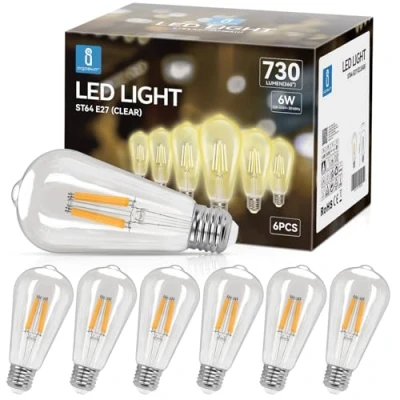 Afbeelding van Aigostar E27 LED Filament Lamp 6W (vervangt 55W), Warm Wit 2700K, 730lm, Vintage Bulb ST64, niet Dimmable, 6st.