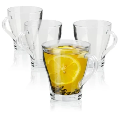 Afbeelding van COM FOUR® 4x theeglazen met handvat 300 ml koffieglas van borosilicaatglas robuuste glazen voor koffie, thee, vruchtensappen of latte macchiato (helder ml)