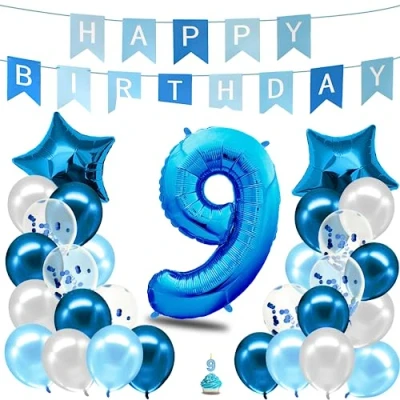 Afbeelding van verjaardag versiering jongens blauw cijfer 9e jongen Gelukkige slinger folie ballon kinderen