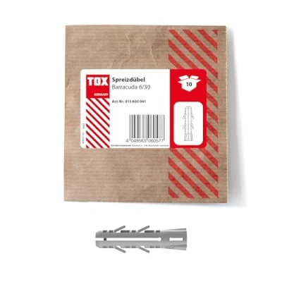 Afbeelding van TOX Barracuda expansiepluggen 6x30 mm, pluggen voor massieve bakstenen en beton, zeer hoge hechtwaarden, eenvoudige installatie, 10 stuks in hersluitbare milieuvriendelijke papieren, 013600041