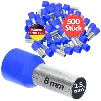 Afbeelding van 500 stuks Kalitec AE2508BL adereindhulzen geïsoleerd 2,5 mm² 8 mm lang blauw I Made in Germany Industriële kwaliteit