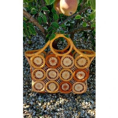 Afbeelding van Rietentas Naturel, Oranje en Roest kleurige rondjes Maat L, Strandtas, Shopper, Rietentas, Handtas