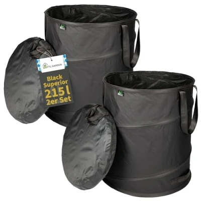 Afbeelding van TTL Garden Black SUPERIOR 2x 215L pop up tuinzak dubbele bodem 260gsm extra stabiel 600D Oxford set van 215 liter tuinafvalzak bladzak opvouwbaar groen gesneden tuin afval zelfstandig staand